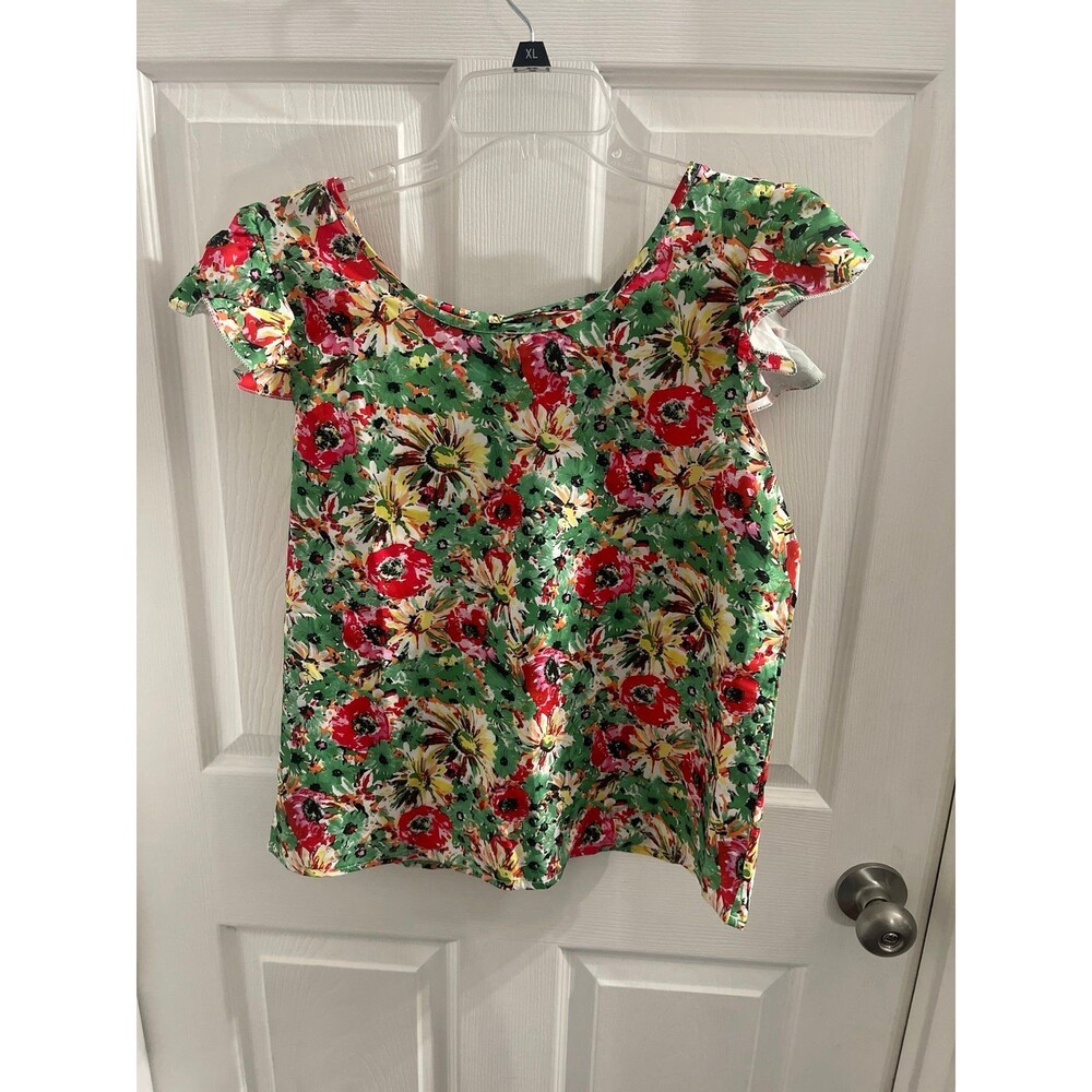 Floral Crew Neck Blouse With Flutter Sleeves & Tie-Back Size M
